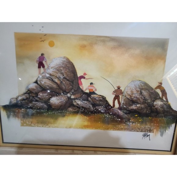 Signed Watercolor Framed Fishing Scene - Picture 5 of 12